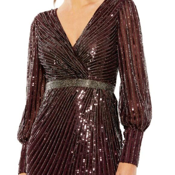 MAC DUGGAL 5501 SEQUINED WRAP OVER BISHOP SLEEVE BLACKBERRY GOWN sz 10 - Picture 6 of 6